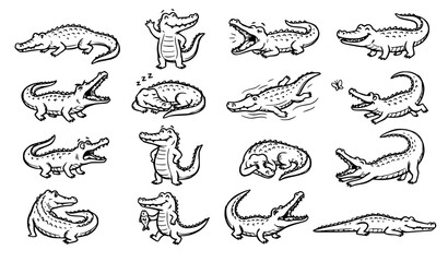 Obraz premium SEO Title: Funny Hand Drawn Crocodile Character Vector Set Black Line Reptile Animals in Playful Poses on White Background