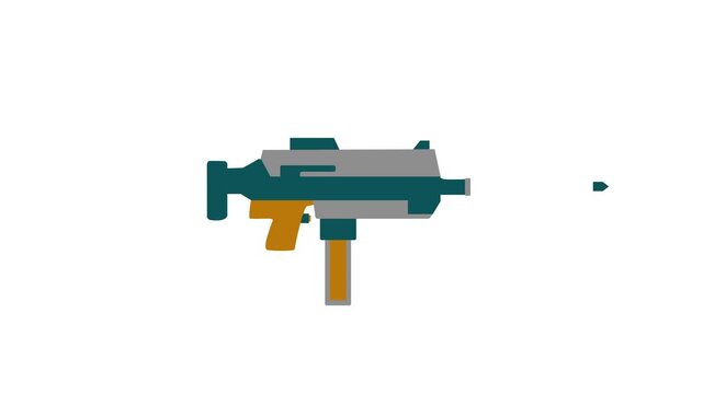 Colorful flat machine pistol icon firing animation, automatic sub machine gun military weapon shooting animation.