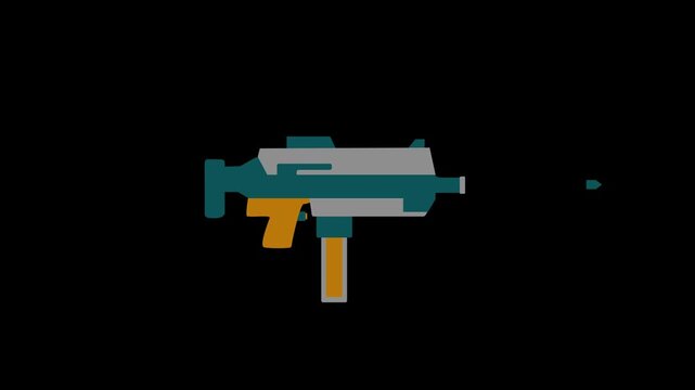 Colorful flat machine pistol icon firing animation, automatic sub machine gun military weapon shooting animation.