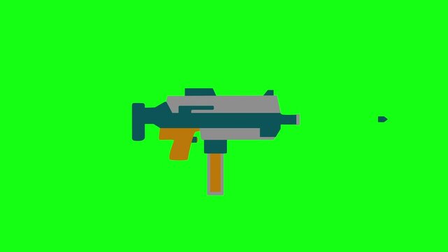 Colorful flat machine pistol icon firing animation, automatic sub machine gun military weapon shooting animation.