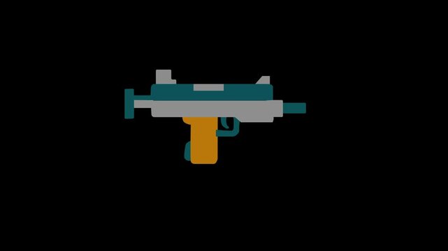 Military weapon firing concept animation. Compact sub machine gun icon shooting animation, tactical firearm motion graphic on white background