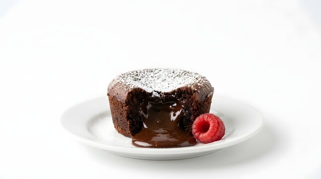 Dessert Chocolate Lava Cake with Raspberry on White Plate