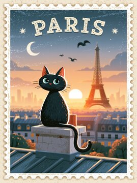 Black cat sits on a Paris rooftop with the Eiffel Tower, sunset sky, moon, birds, and vintage postage stamp border.