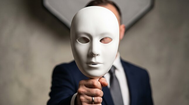 Formally Dressed Man Holding a White Mask Over His Face