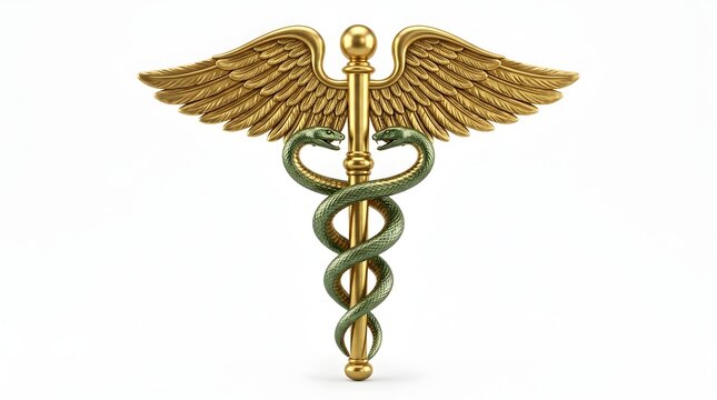 Golden Caduceus Medical Symbol with Wings and Intertwined Serpents Isolated on White