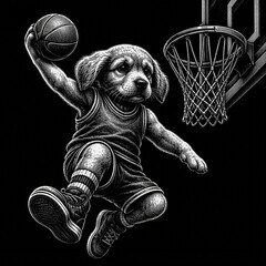Dog Slam Dunking Basketball with Hoop, Vintage Engraving Style Sports Illustration © rumahlebah