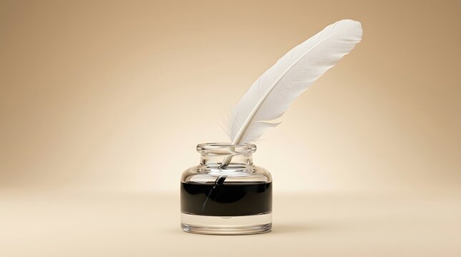 A classic white feather quill pen standing inside a glass inkwell filled with dark black ink on beige background