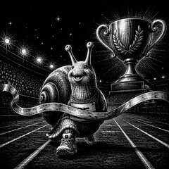 Snail Winning Marathon with Trophy and Finish Line, Vintage Engraving Style Illustration © rumahlebah