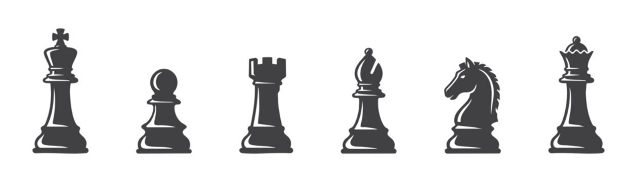 Set of classic chess pieces silhouettes vector illustration, king queen rook bishop knight pawn black figures on white
