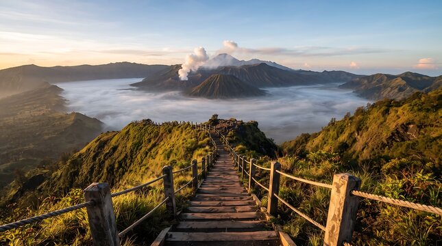 Stunning sunrise view over mount bromo volcano in indonesia with wooden stairs leading to the crater rim