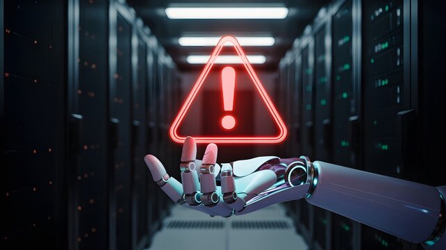 Robotic arm holding an illuminated red warning sign above a sophisticated data server room
