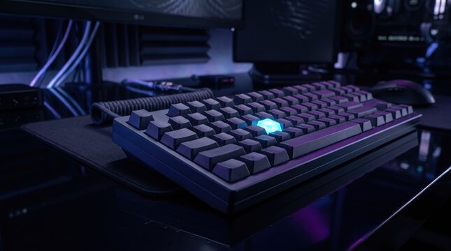 Sleek mechanical keyboard with custom keycaps on a dark desk with purple ambient lighting