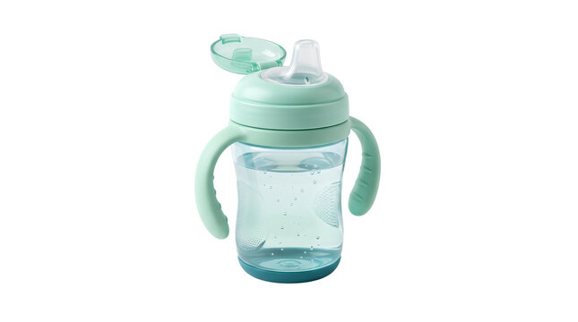 Mint green baby sippy cup with handles, plastic toddler training bottle for water, infant drinking cup on white background