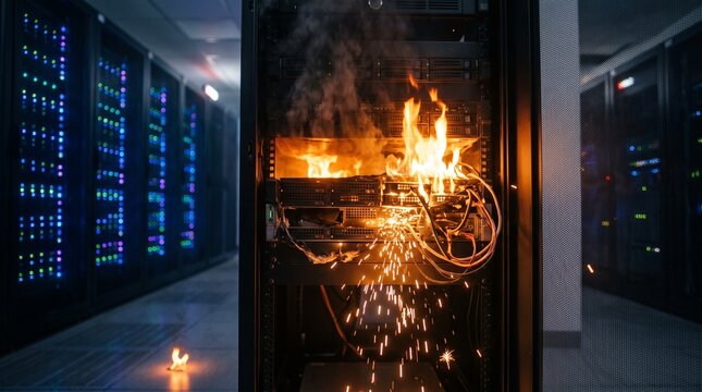Fire and sparks erupt from a burning server unit inside a modern data center corridor. Smoke and flames engulf the damaged hardware during a critical equipment failure and electrical disaster.