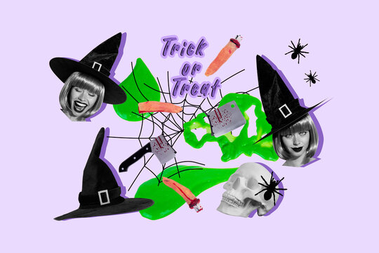 Creative sketch design artwork collage of halloween set night mystery dark decorations woman head witch cap skull finger bone blade funny