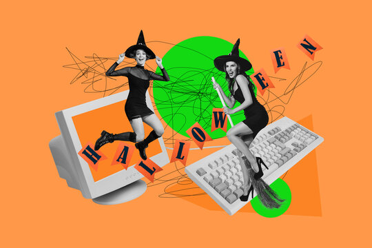 3D collage trend sketch poster of two young lady friends witch fly broomstick obsolte computer monitor keypad celebration halloween night