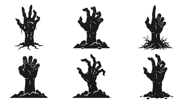 Zombies hands rising from the ground silhouettes vector illustration, spooky graveyard halloween concept