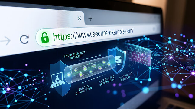 Secure Connection Online: A browser displays a secure website with HTTPS, showcasing a visual representation of data encryption and network security, highlighting digital safety and privacy