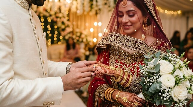 Pakistani bride and groom exchanging rings