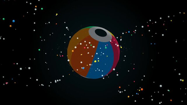 Abstract colorful sphere floating in dark space with glowing particles and bokeh lights