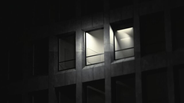 Nighttime building exterior with a slow camera zoom toward an illuminated window, creating a mysterious investigative atmosphere. Suitable for documentaries, B roll, storytelling, news, and cinematic 