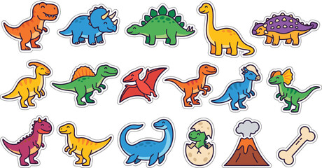 Cute cartoon dinosaur sticker set with prehistoric elements for kids educational materials and scrapbook designs © Manik