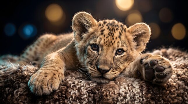 Young wild cat cub resting on a textured brown blanket with soft lighting with comfortably woven surface