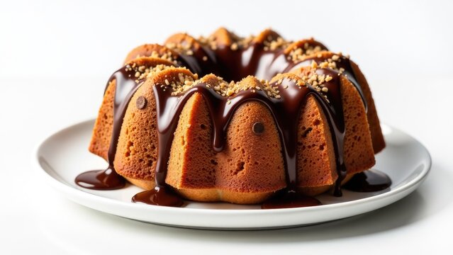 A warm and delicious bundt cake with a rich chocolate sauce drizzled over it, perfect for a special treat or dessert