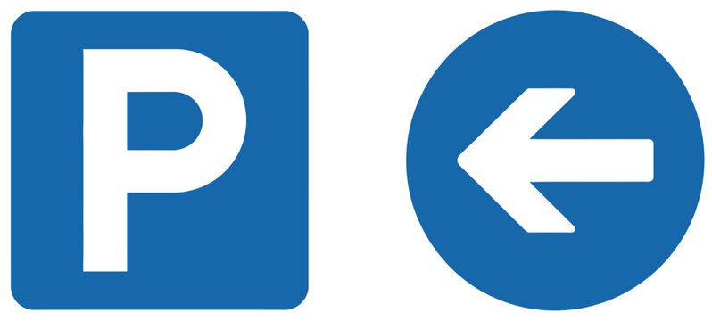 parking and directional sign, square blue parking symbol with white letter p and circular left arrow sign for traffic guidance, Vector, illustration, design, concept.