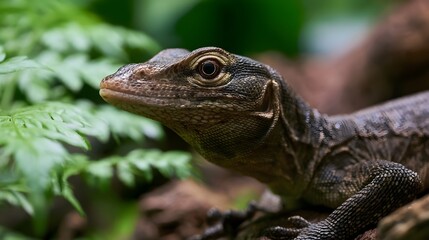 Fototapeta premium A close up of a lizard with textured skin and detailed eye resting among lush green ferns in a naturalistic environment