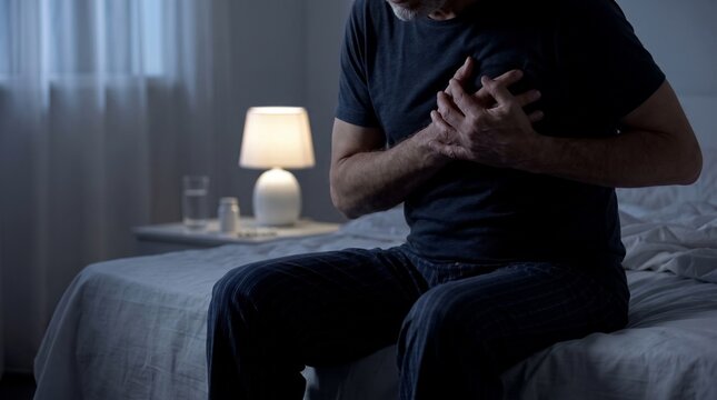 Man suffering from a heart attack clutching his chest while sitting on a bed at night.
