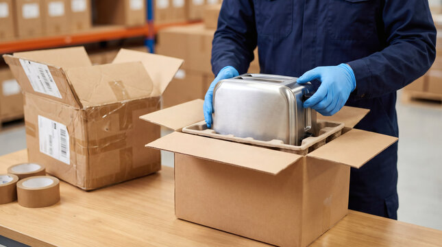 Warehouse worker carefully packing kitchen toaster appliance into cardboard shipping box for online order fulfillment and logistics distribution