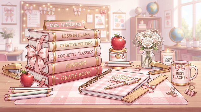 Coquette aesthetic teacher desk, pink school supplies and lesson plan books. Pastel classroom workspace with red apples and stationery.