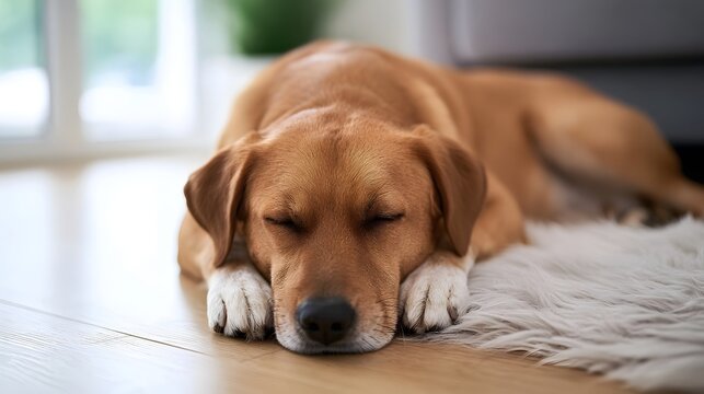 A golden brown dog sleeps peacefully with paws tucked under its head on a wooden floor beside a fluffy rug