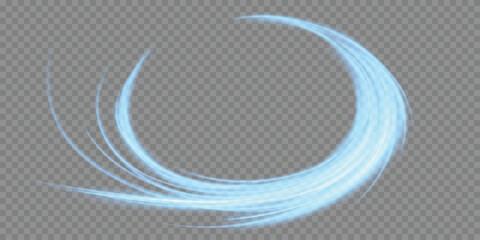 Obraz premium Blue luminous curved wave with sparkling particles, glowing energy trails and magical light motion effect isolated on transparent background.