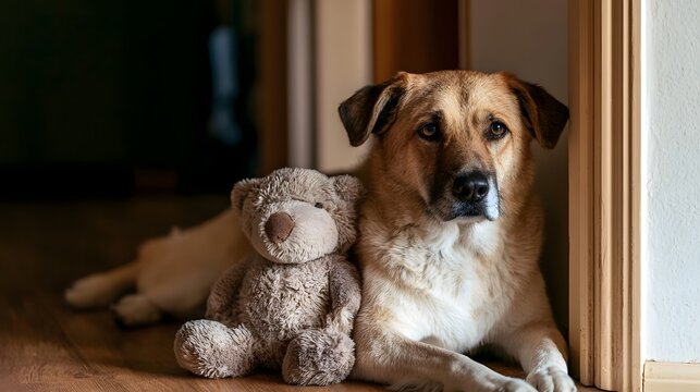 A calm dog with a teddy bear rests beside a wooden doorway  gazing attentively with soft fur and gentle eyes