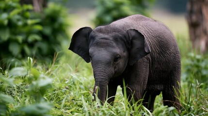 Obraz premium A young elephant stands in tall green grass its large ears and wrinkled skin visible as it looks forward with calm curiosity