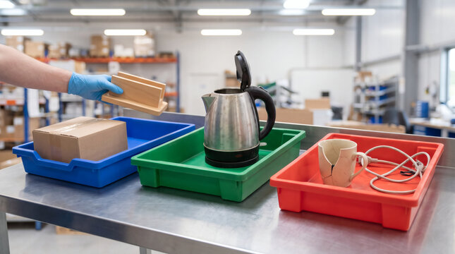 Warehouse worker sorting returned ecommerce products and damaged goods into color coded trays for quality control inspection and recycling triage