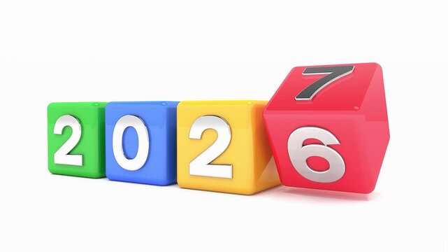 Video animation of red, yellow, blue and green cubes and the years 2026 and 2027 in silver color on a white background - represents the new year 2027 - vacation concept.