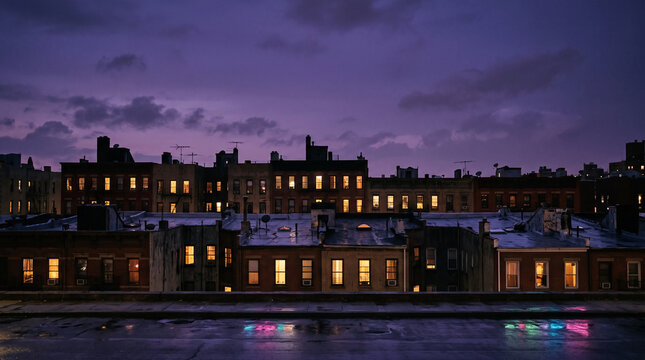 City apartment buildings at dusk with illuminated windows and wet rooftop