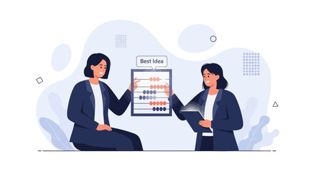 Fototapeta premium Two businesswomen collaborating, one using an abacus labeled 'Best Idea' and the other holding a notebook, symbolizing financial planning and innovation.