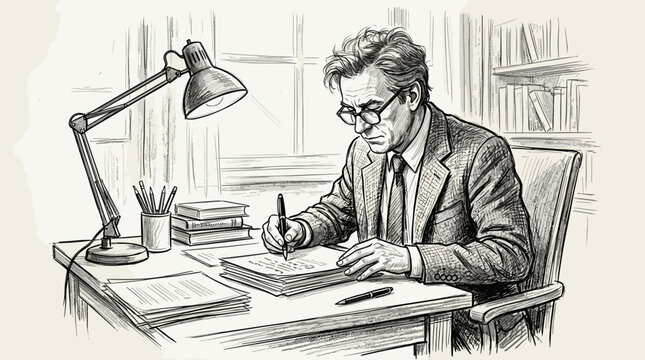 Smart profesor vector character writing on paper in study room