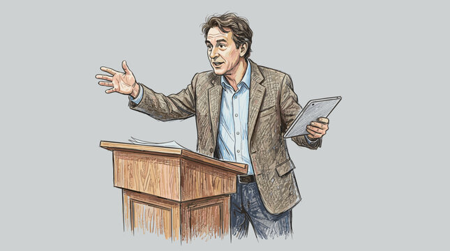 Male profesor vector gesturing while speaking behind a lectern
