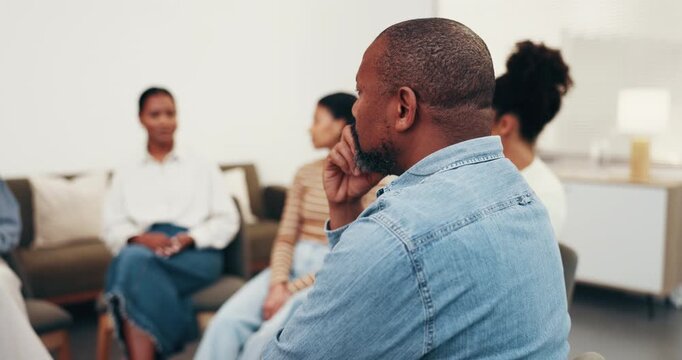 Support group, therapy and man listening in counseling for coping strategy or healing progress. Mature person, community center and psychology circle for mental health, help and rehabilitation hope