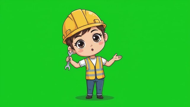 Cute cartoon character of a young construction worker wearing a yellow hard hat and safety vest, holding a wrench, with a green screen background.