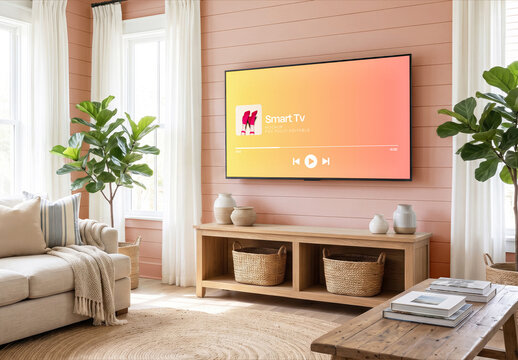 TV Screen Mockup In Coastal Living Room