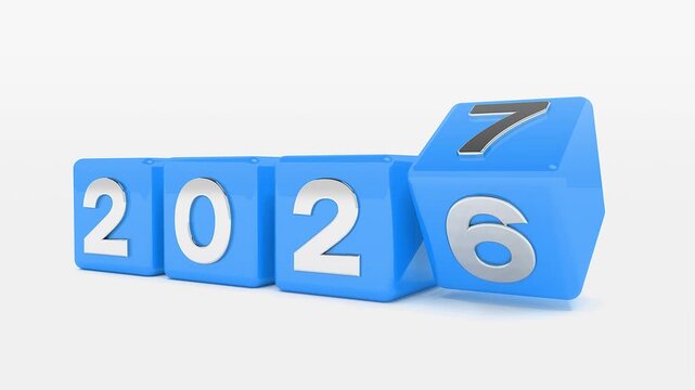 Video animation of black cubes and the years 2026 and 2027 in blue on a white background - represents the new year 2027 - vacation concept.