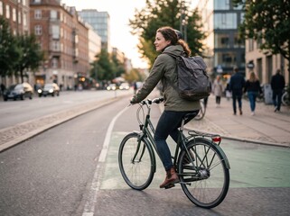 Naklejka premium Happy woman cycling on city street