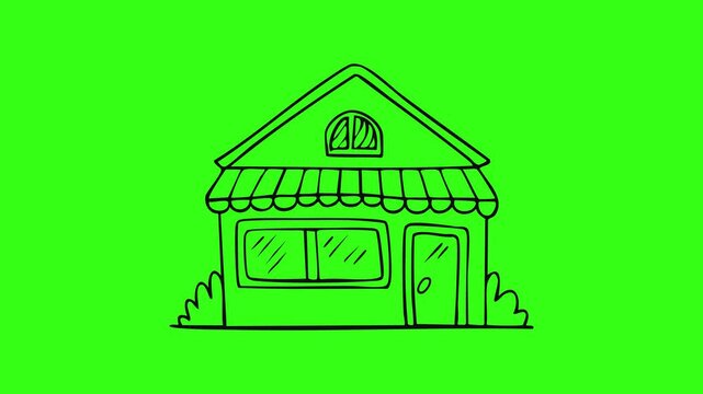 Storefront shop building outline illustration isolated on green screen background