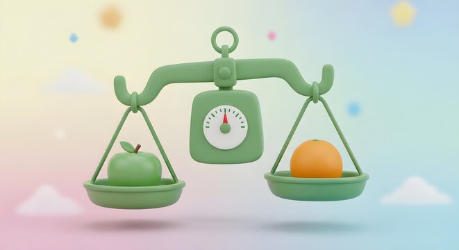 Green apple and orange on a weighing scale 3D render comparison health concept